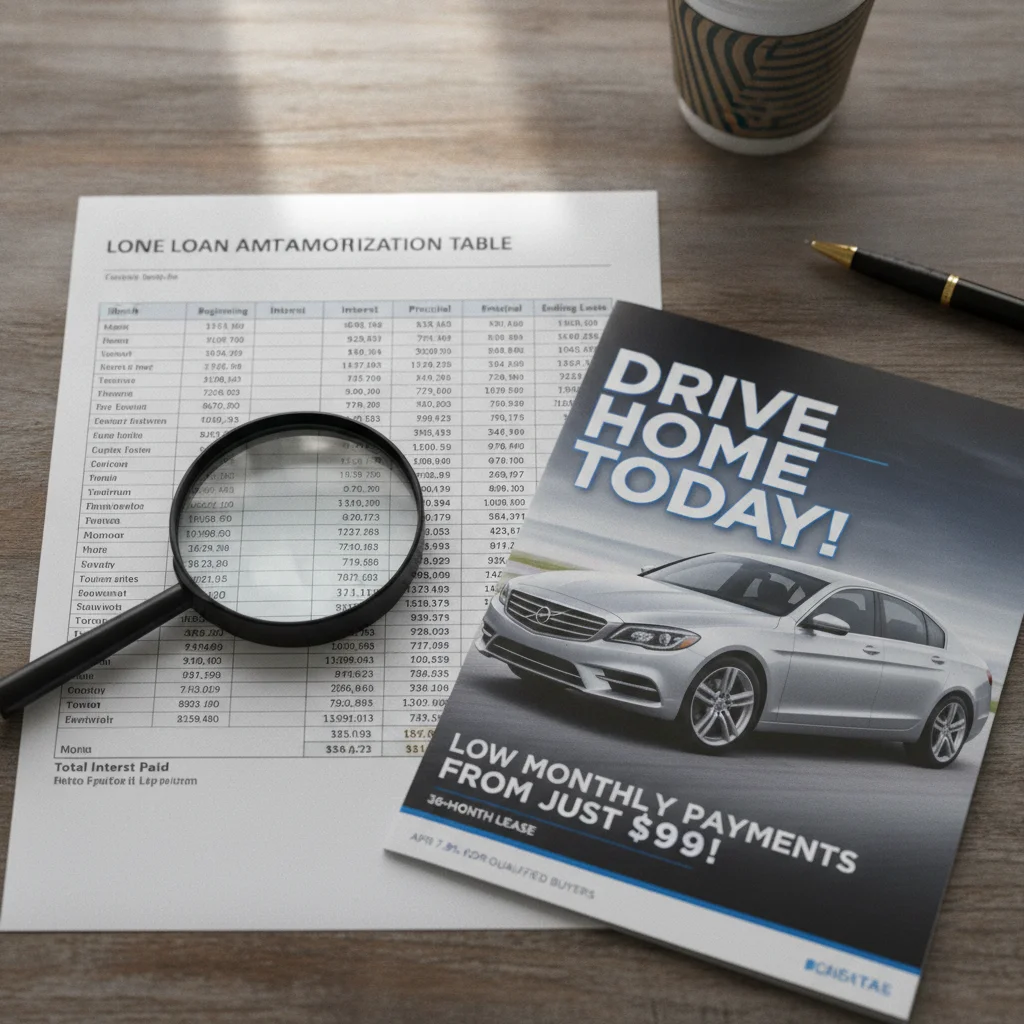Loan amortization table next to a dealer brochure advertising low monthly car payments