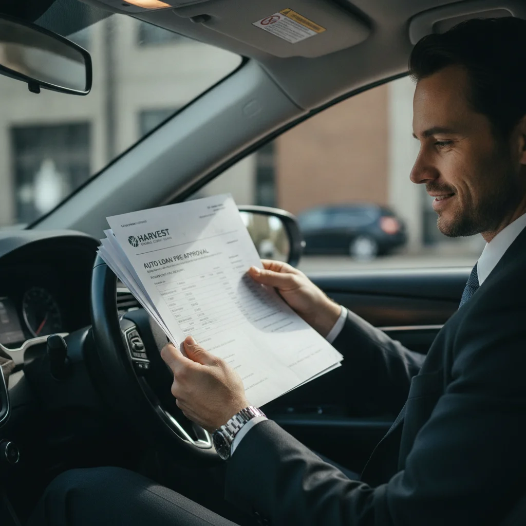 Car buyer reviewing pre-approved auto loan documents from a credit union inside a vehicle