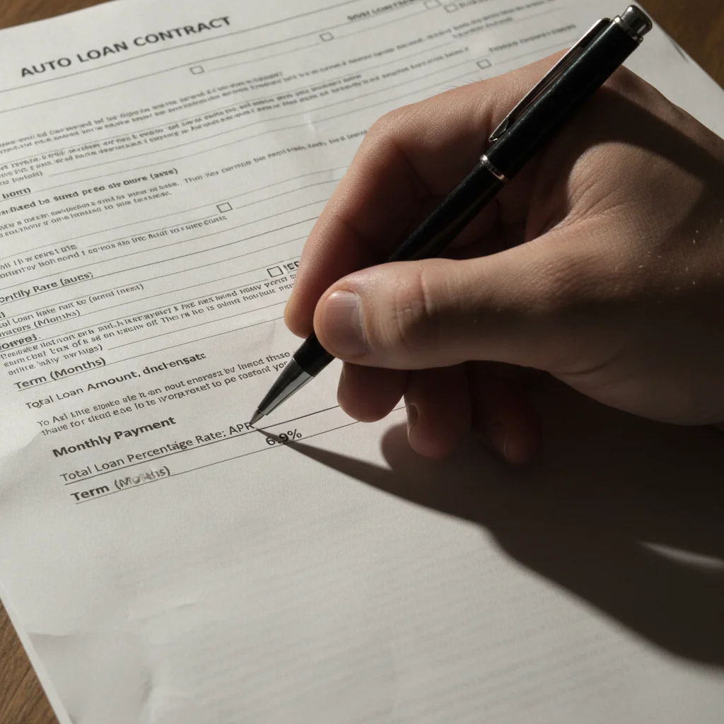 Close-up of hand pointing to APR field on a signed auto loan contract