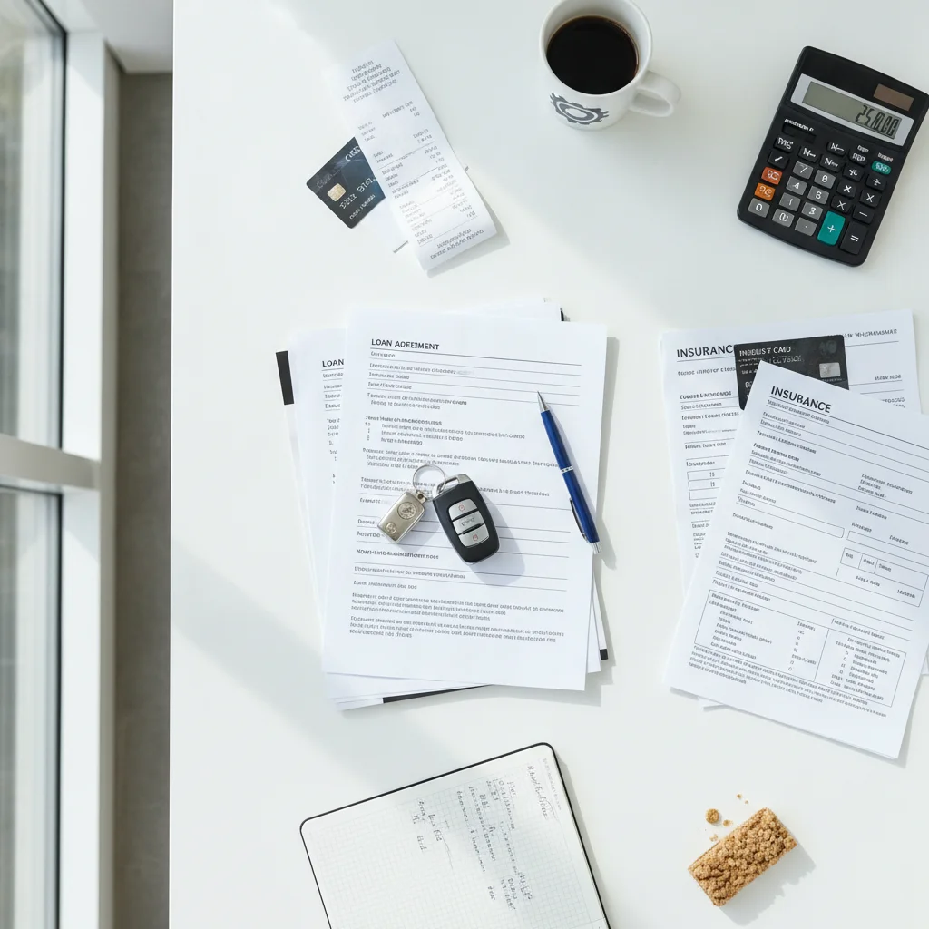 Car keys and financial documents spread on a desk representing all costs of new car ownership