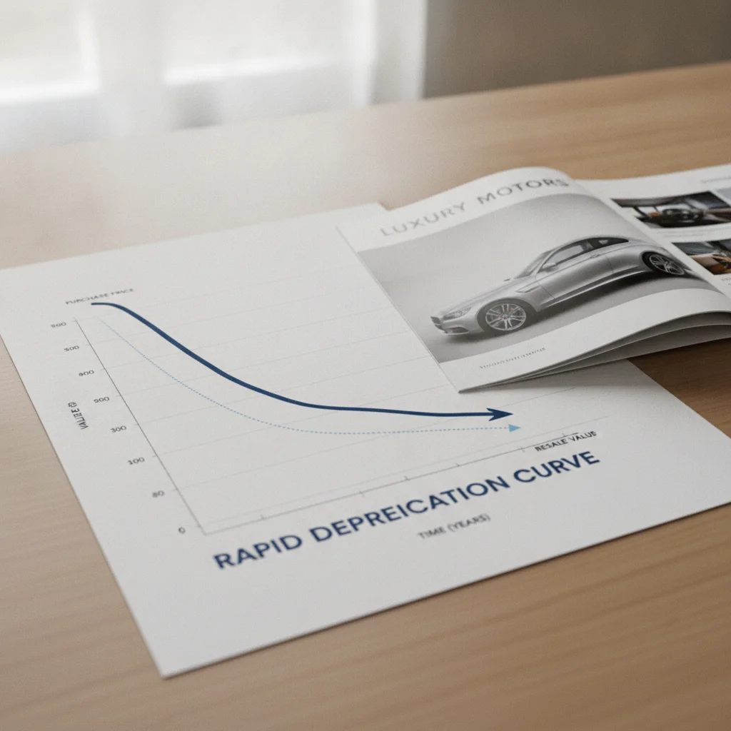Depreciation curve graph next to new car brochure showing steep first-year value decline