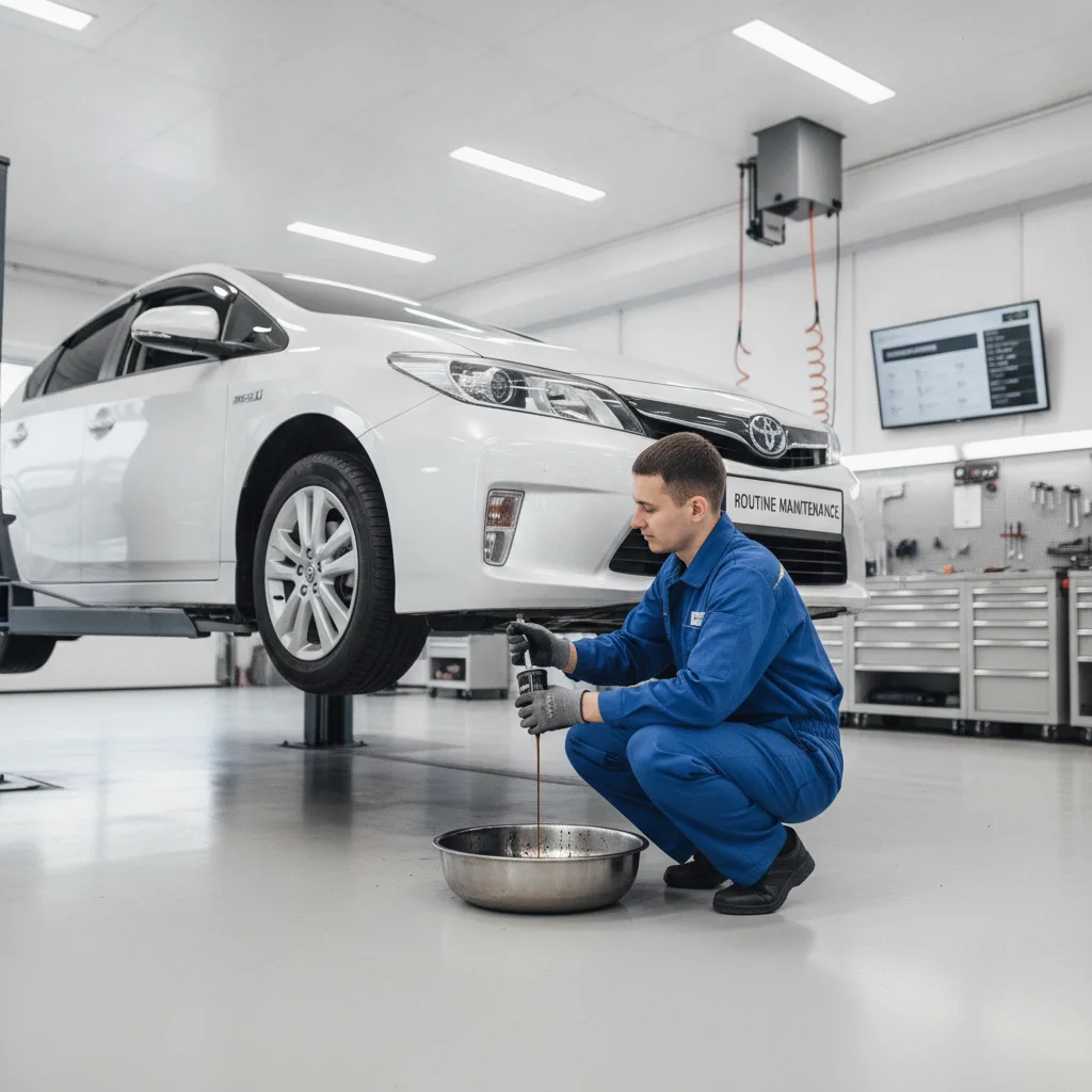 Mechanic performing routine oil change on new car in a dealership service bay