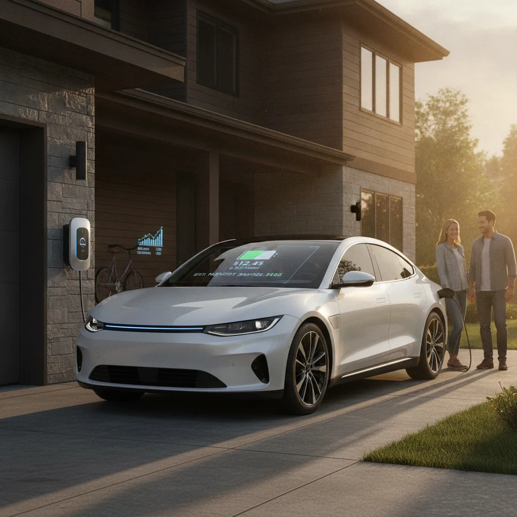 Electric vehicle parked beside a home Level 2 charging station on a residential driveway at dusk
