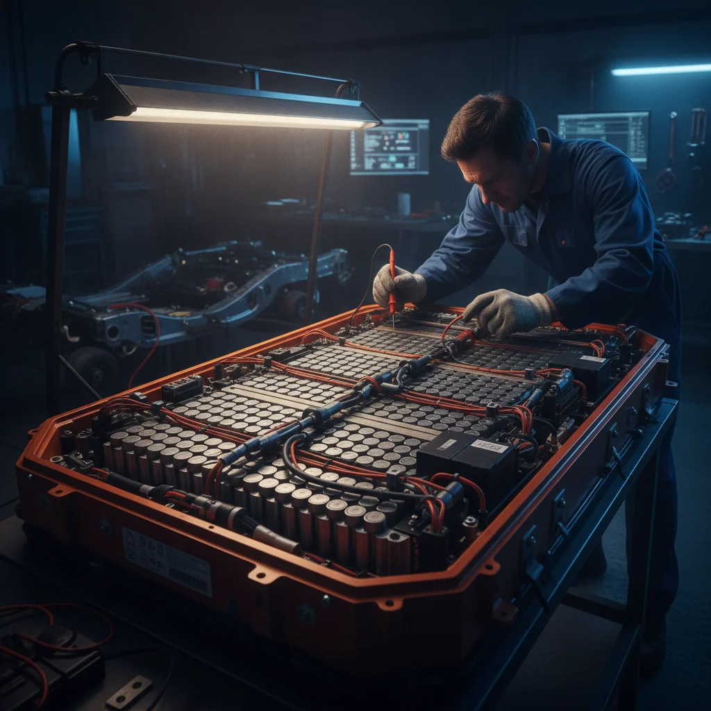 Technician examining a large electric vehicle battery pack in a professional EV repair workshop