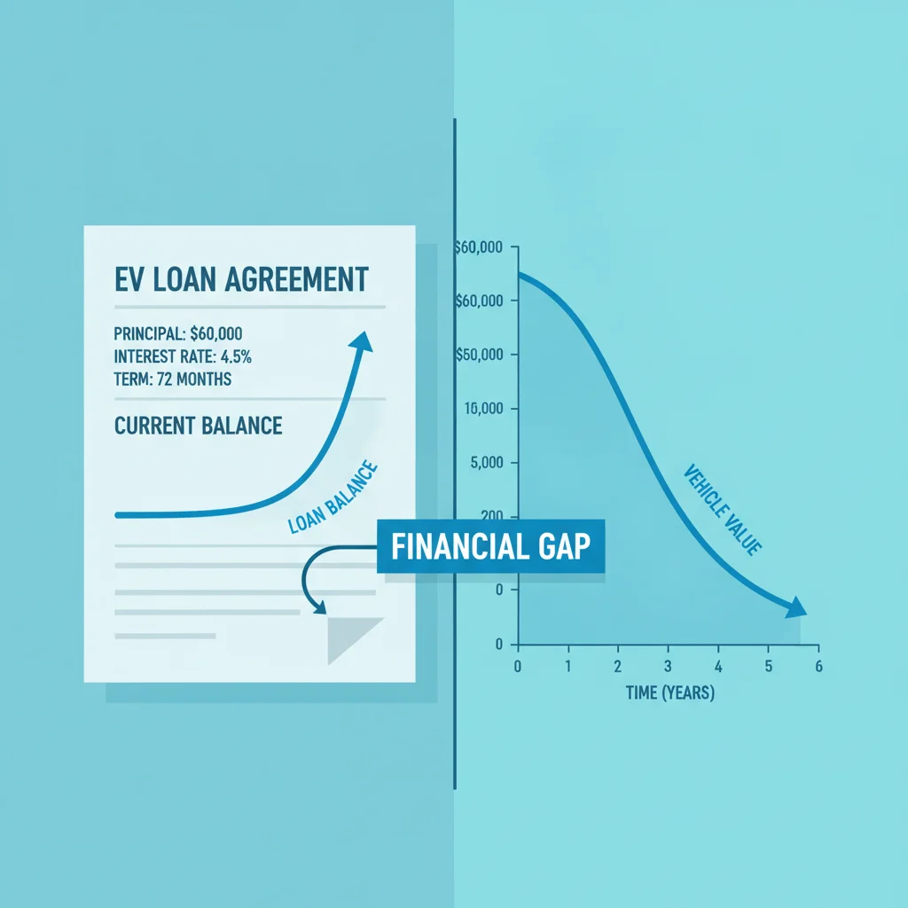 Illustration showing EV loan balance versus depreciated vehicle value over time, highlighting the gap coverage need