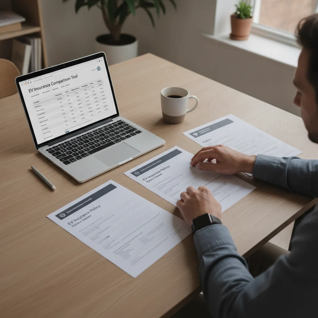 Person comparing EV insurance policy documents and an online comparison tool at a well-lit table