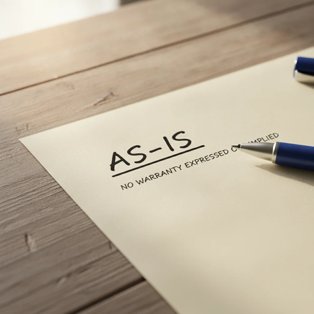 Close-up of an 'As-Is' notation handwritten on a car bill of sale document