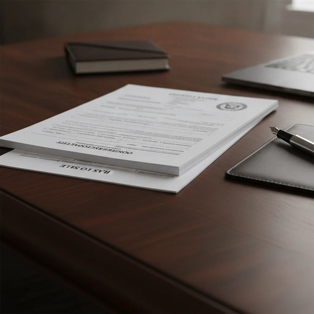 Car title, odometer disclosure form, and bill of sale documents arranged on a desk