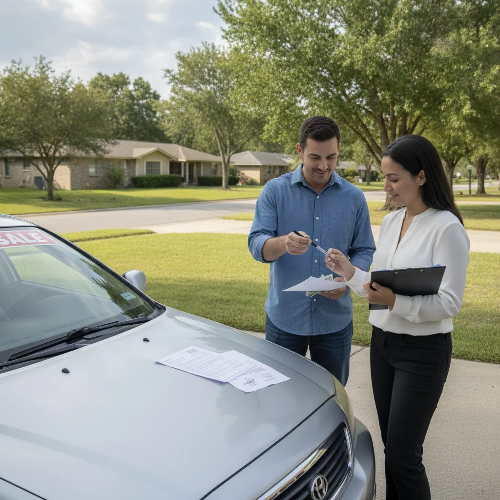 Seller and buyer reviewing and signing a vehicle disclosure statement next to a used car