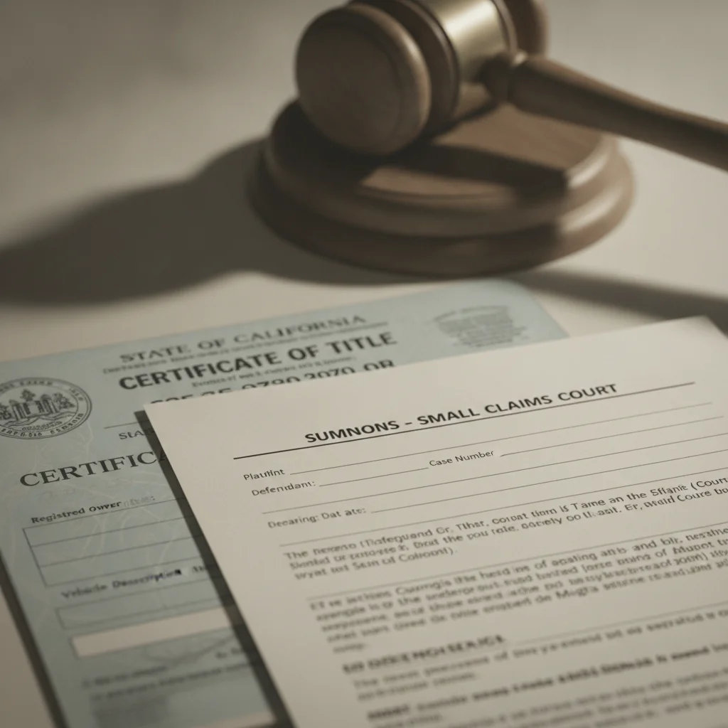 Small claims court summons document placed on top of a vehicle title with a gavel behind it