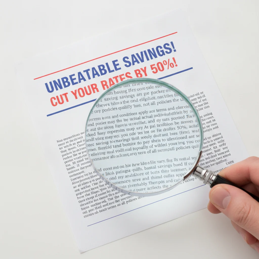 Magnifying glass examining fine print on an insurance advertisement with bold savings claims