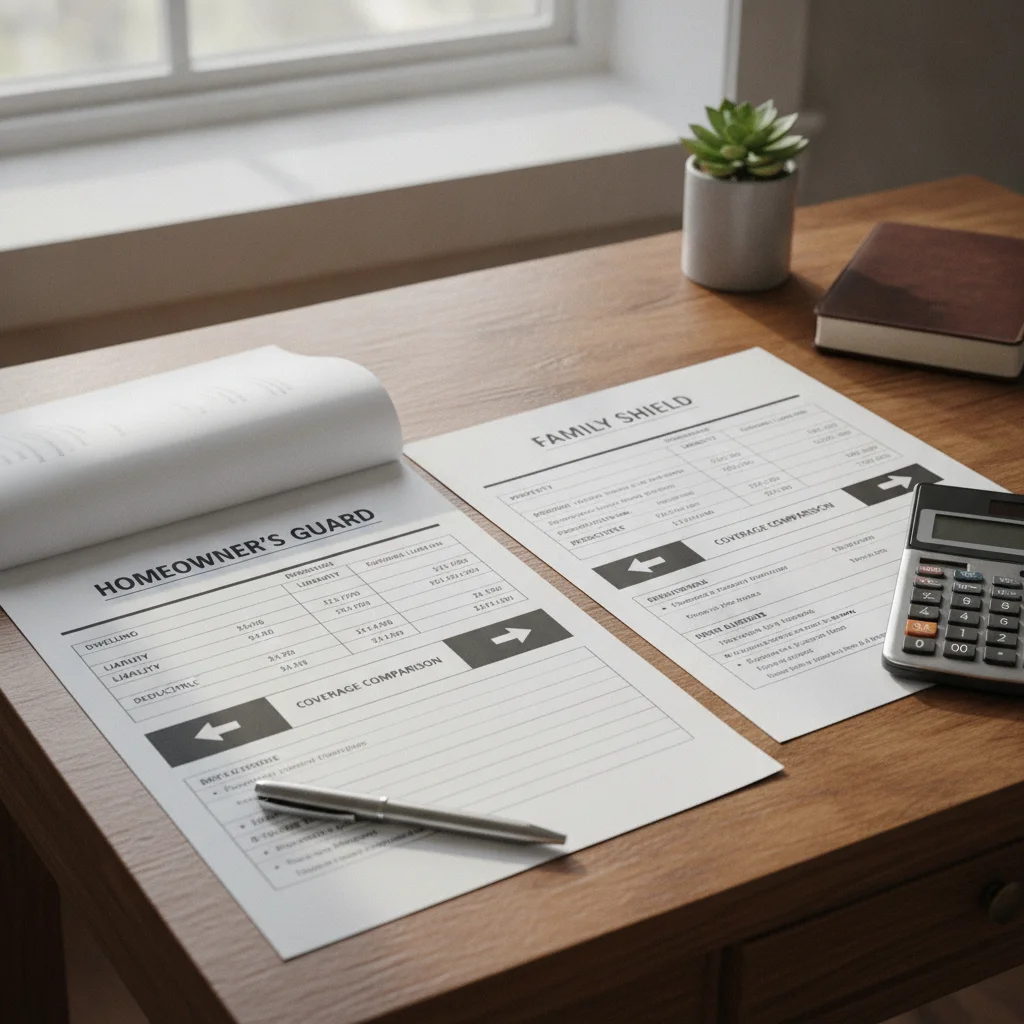 Two auto insurance policy documents side by side being compared with a pen and calculator on a desk