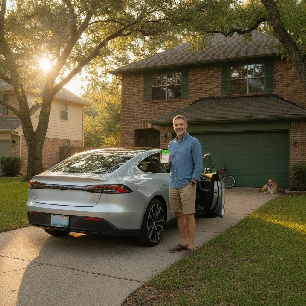 Car owner checking insurance confirmation on phone in a residential driveway at sunset
