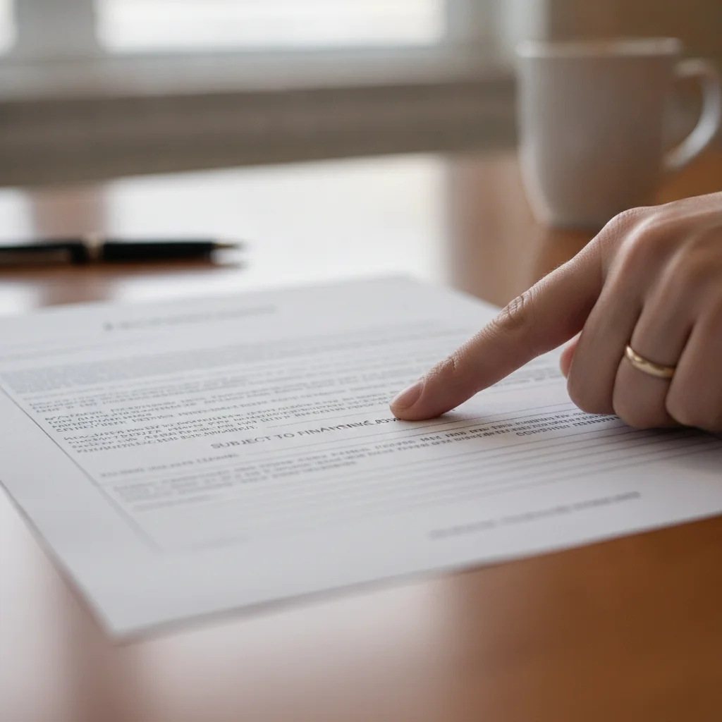 Close-up of dealership contract with 'subject to financing approval' conditional clause highlighted in fine print