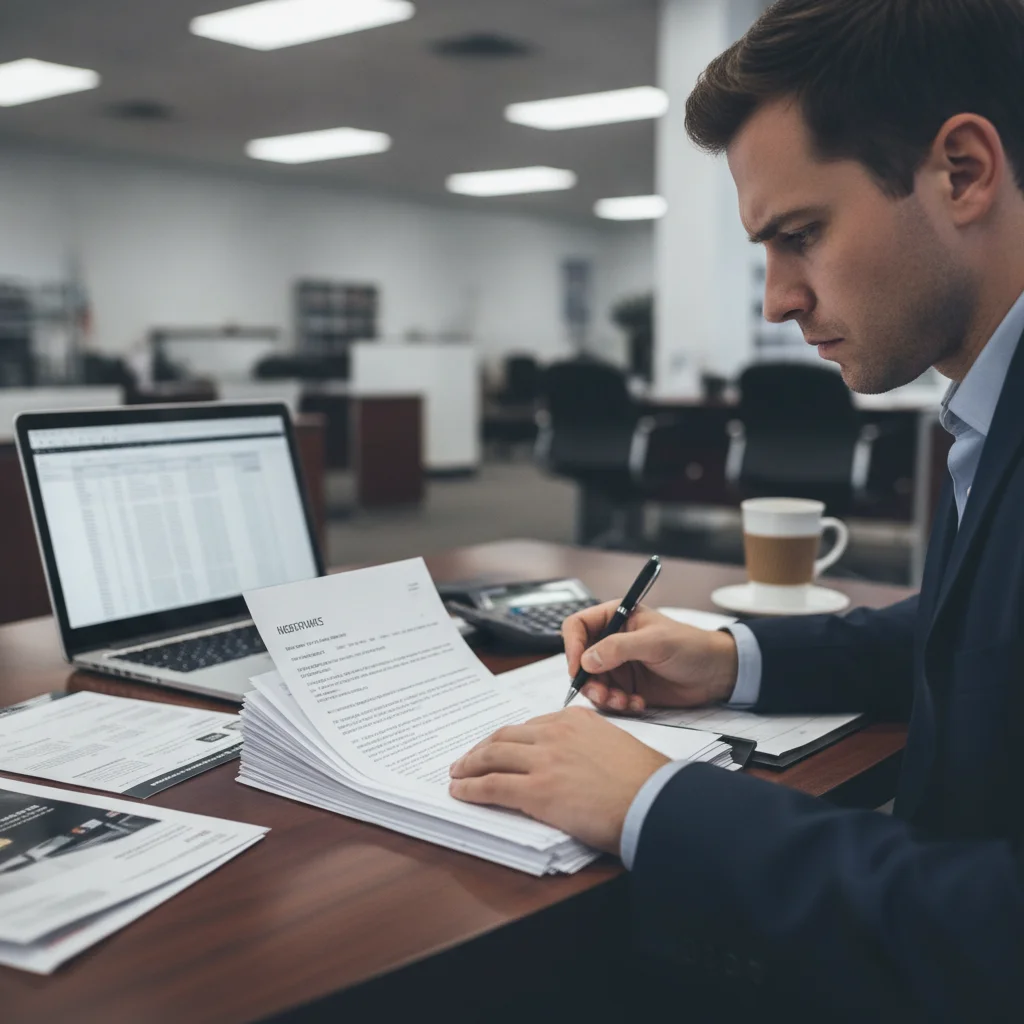 Car buyer carefully reviewing a stack of dealership loan documents before signing in the finance office