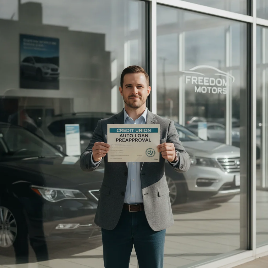 Car buyer holding a preapproval letter from their credit union outside a dealership, demonstrating financing preparedness