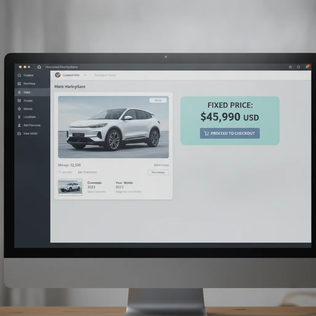 Computer screen displaying an online car listing with a fixed no-haggle price and checkout button