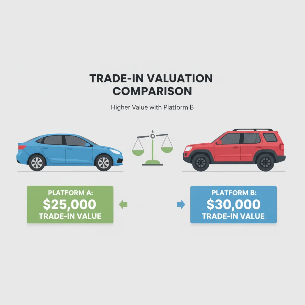 Two identical cars with different price tags illustrating varying trade-in offers between platforms