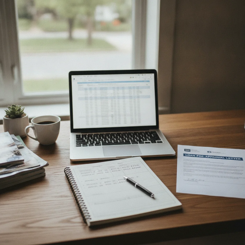 Desk with laptop, loan preapproval letter, and comparison notes representing a prepared car buyer