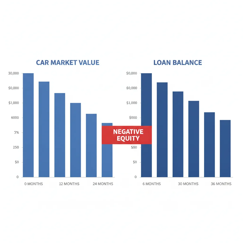 A bar chart comparing a car's declining market value versus a slower-declining loan balance over 36 months, showing the negative equity gap in red