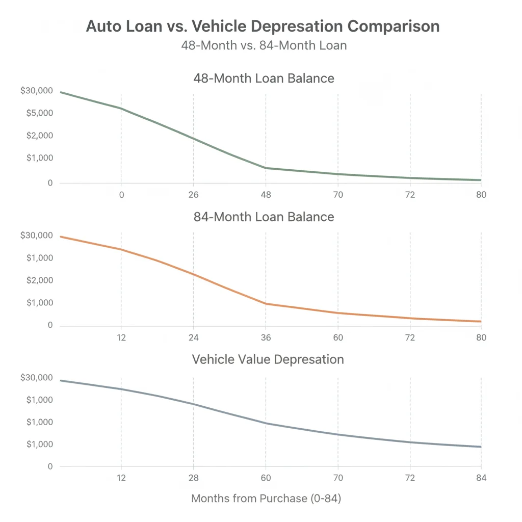 A side-by-side timeline comparison showing how a 48-month loan reaches positive equity much faster than an 84-month loan relative to vehicle depreciation