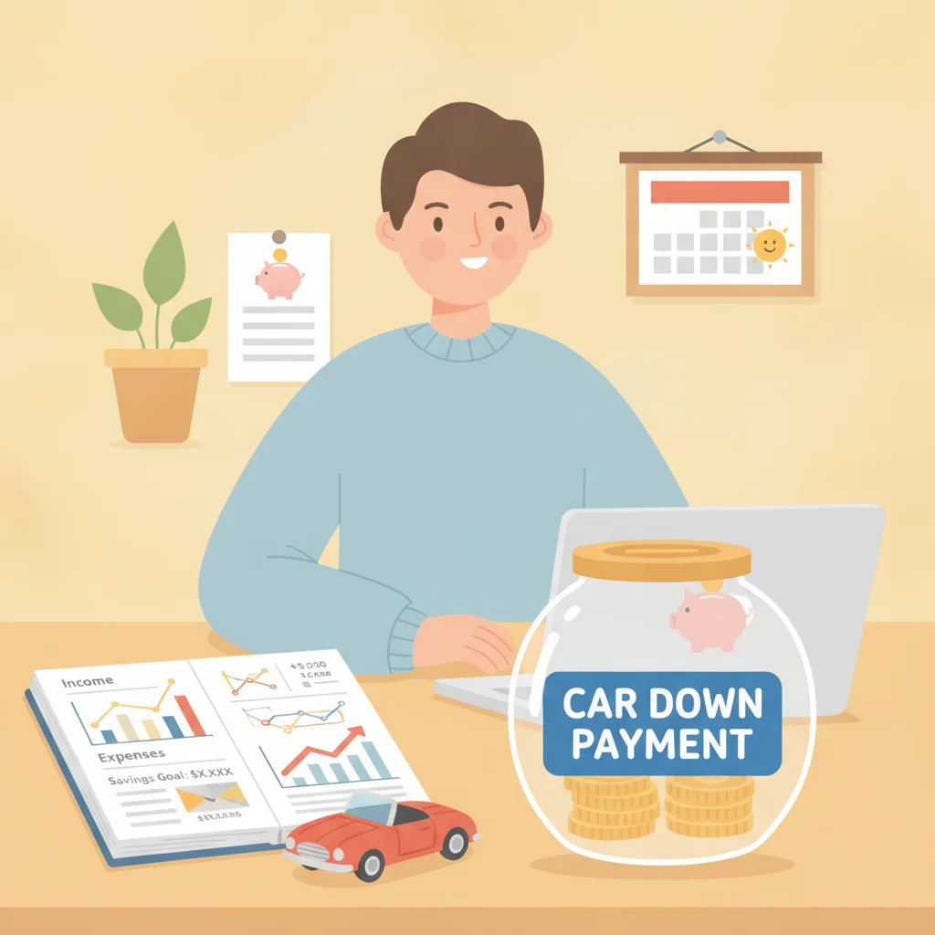 A person planning a car down payment at a desk with a savings jar, notebook with calculations, and a model car