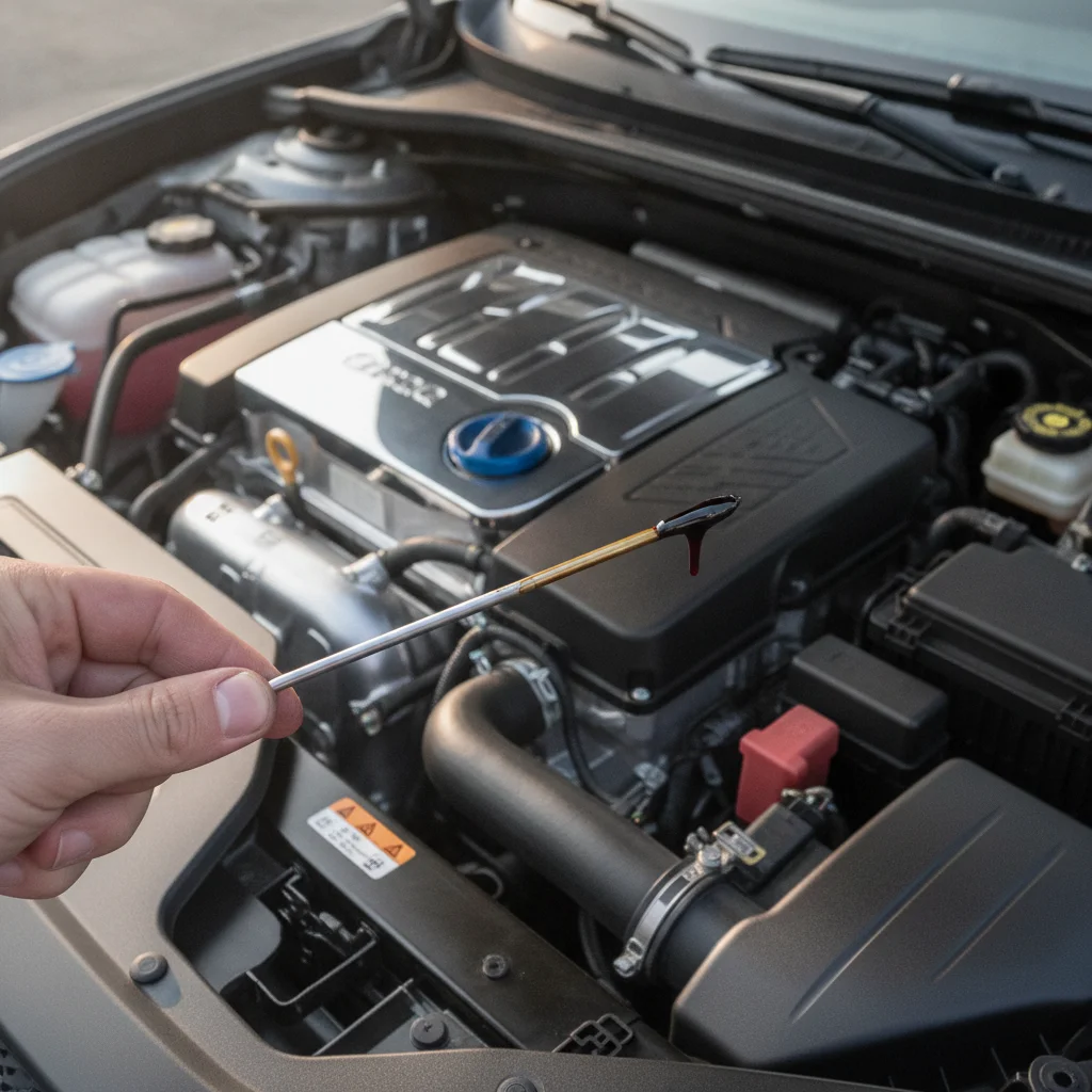 Hand holding an engine oil dipstick showing dark oil level next to an open car hood