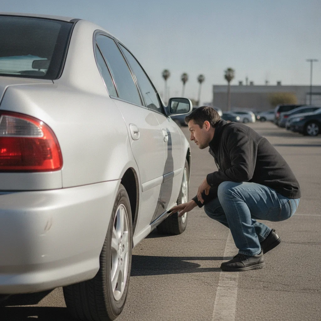 Buyer crouching at the rear corner of a sedan, sighting down the side panel for body straightness