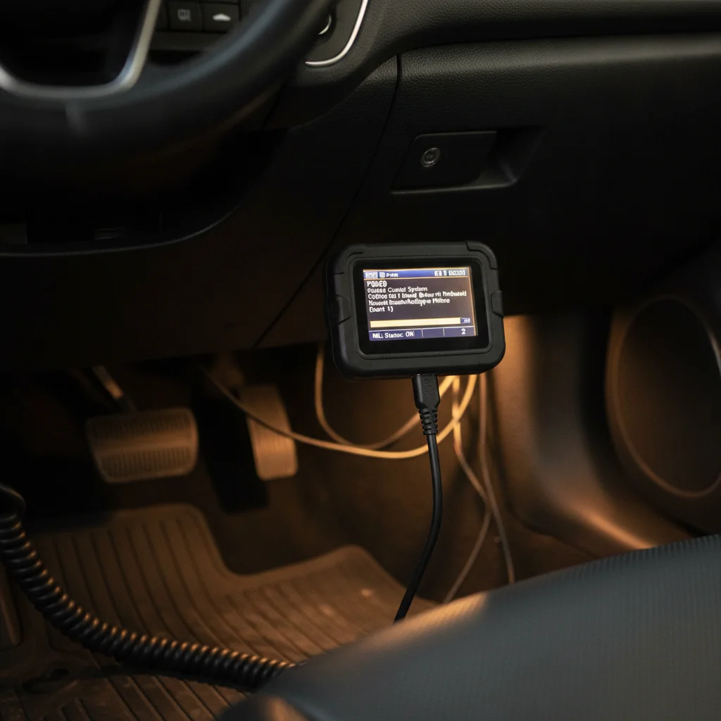 OBD-II scanner plugged into a vehicle's diagnostic port under the dashboard showing diagnostic readout