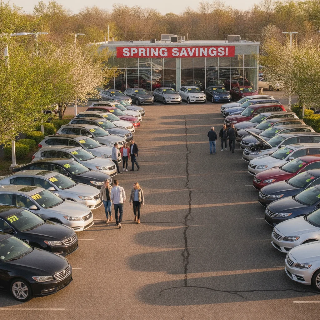 Shoppers browsing a used car dealership lot with price stickers visible on vehicles in spring sunshine