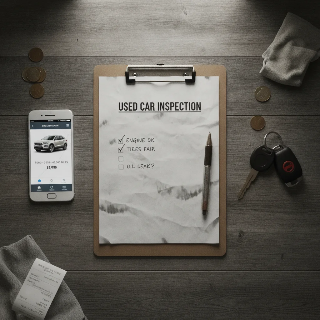 Clipboard with used car checklist, smartphone showing auto listing app, and car keys on a desk
