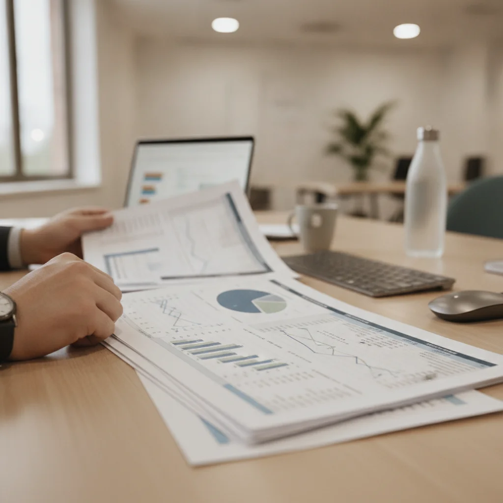 Insurance underwriter reviewing a risk assessment document with charts at a professional desk