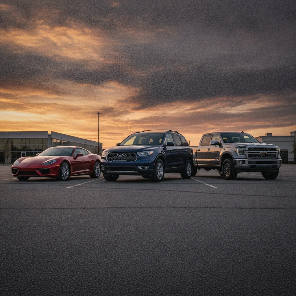 Three different vehicle types — coupe, SUV, and pickup truck — parked side by side in a lot