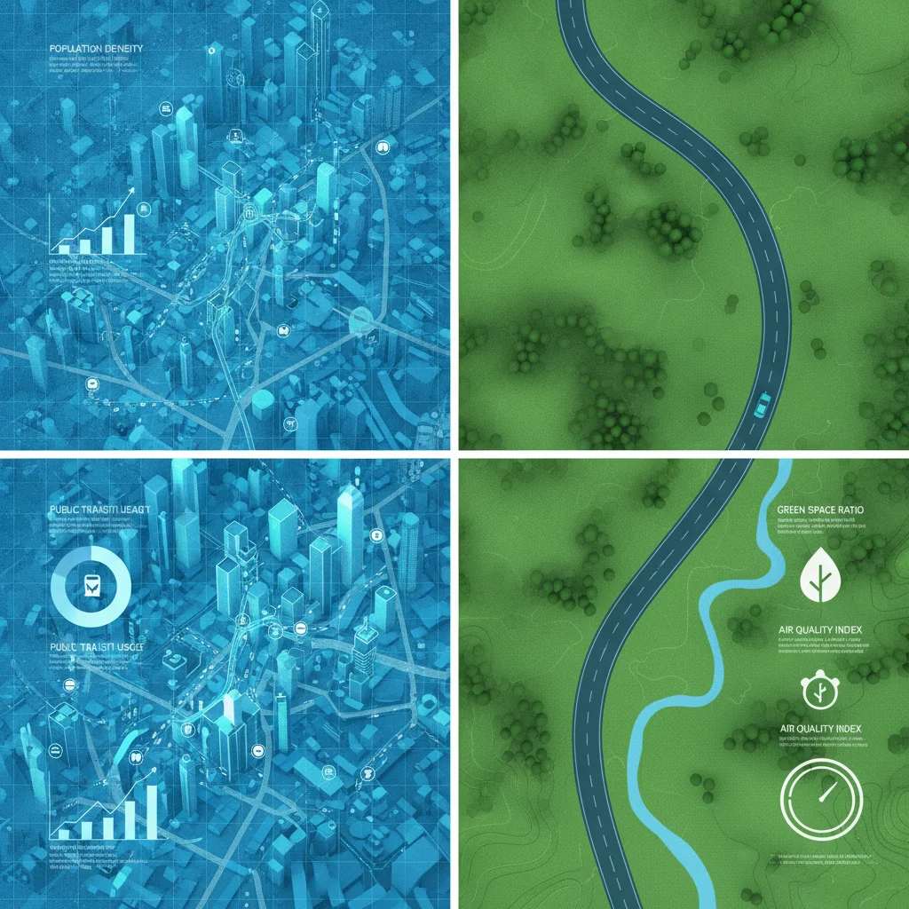 Side-by-side comparison of an urban street grid and a rural road illustrating geographic insurance risk