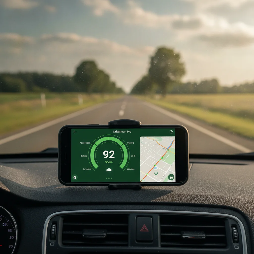 Smartphone showing a telematics driving score app mounted on a car dashboard with road ahead visible
