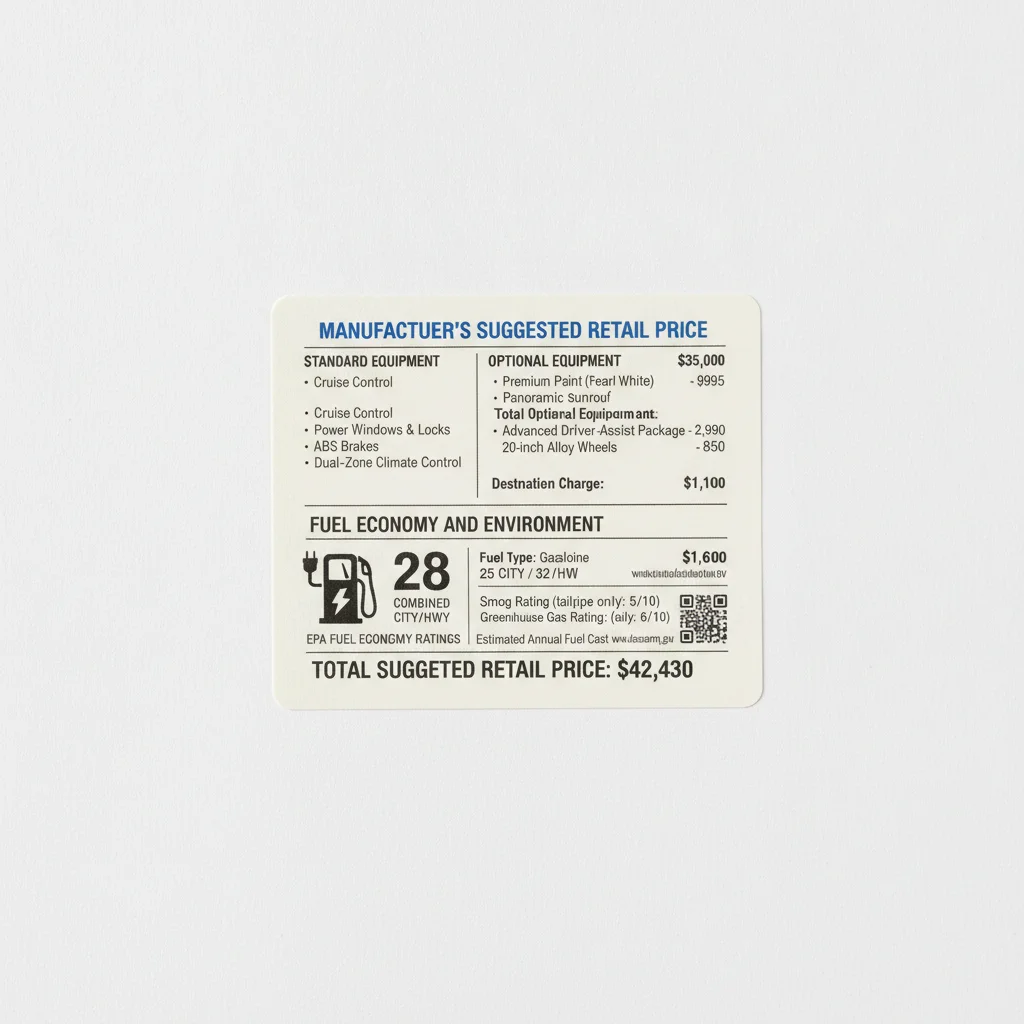 Full Monroney label laid flat showing MSRP breakdown, optional equipment, and EPA fuel economy ratings