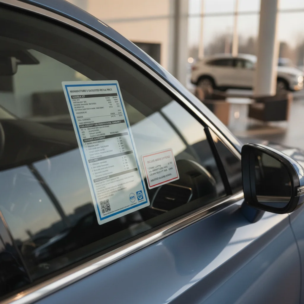 Official Monroney sticker next to a dealer addendum sticker on a new car window at a dealership