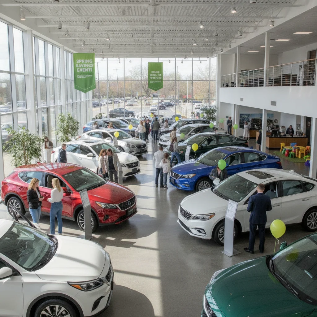 A busy car dealership showroom in spring with many customers browsing vehicles