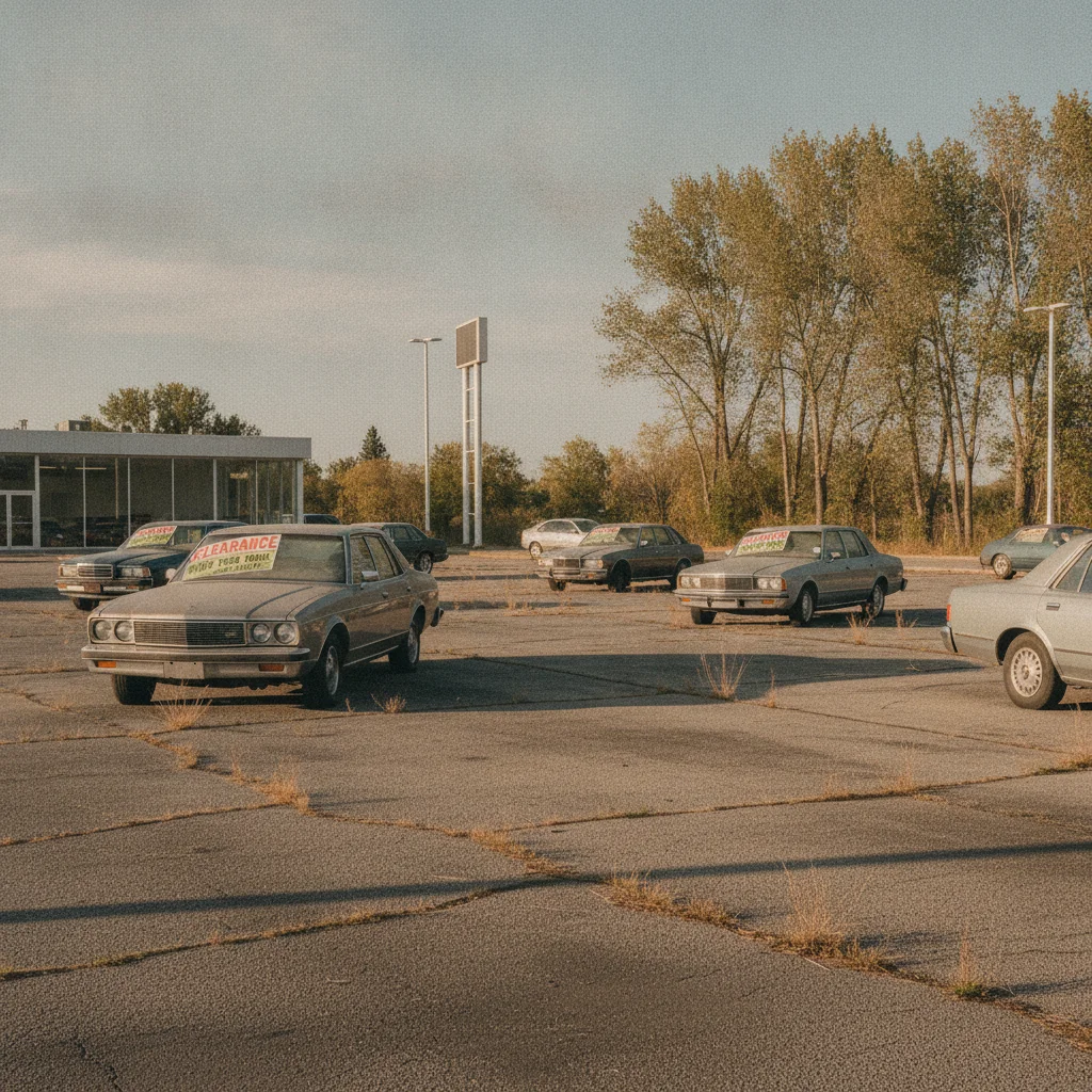 A nearly empty dealership lot with leftover prior-model-year vehicles in late summer