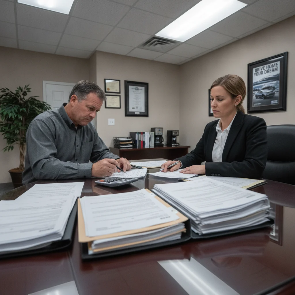 A car dealership finance office with loan documents and a buyer reviewing paperwork