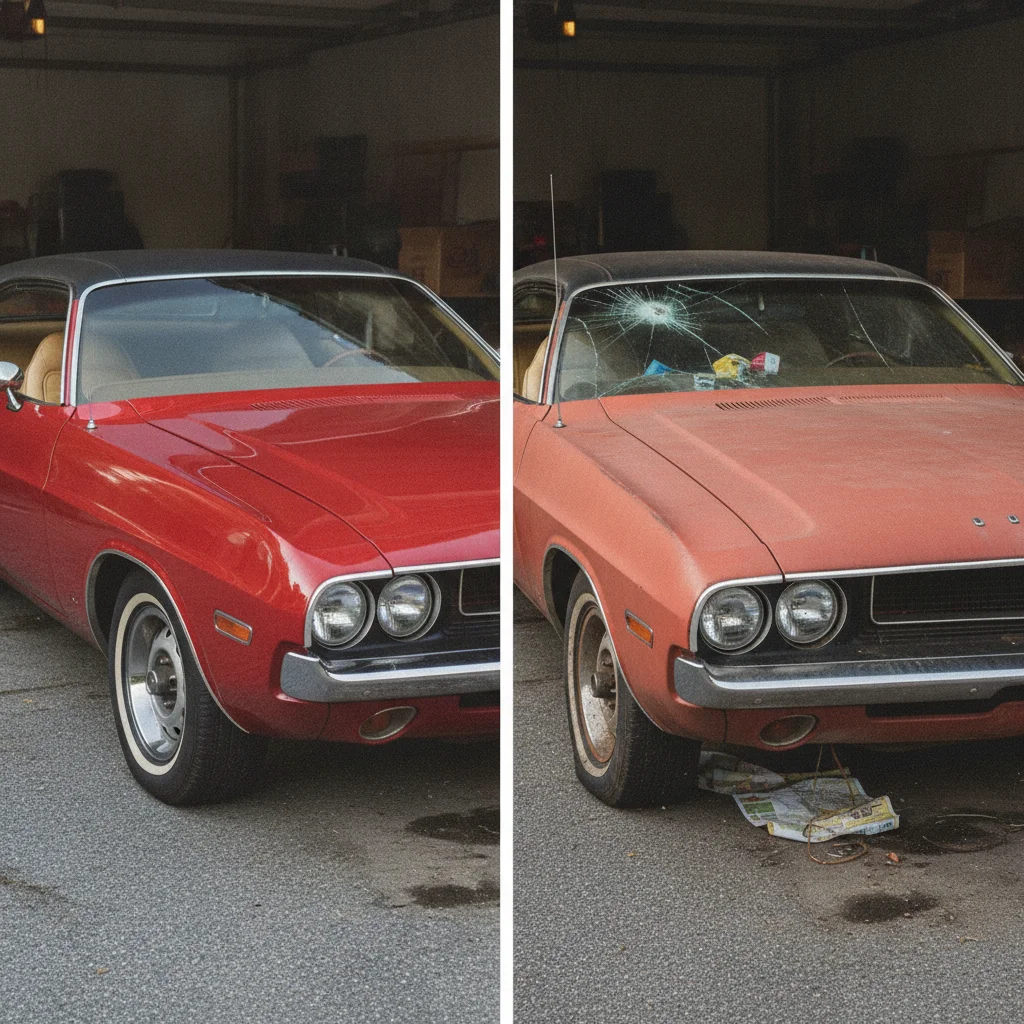 Two identical cars side by side showing contrast between well-maintained and neglected condition