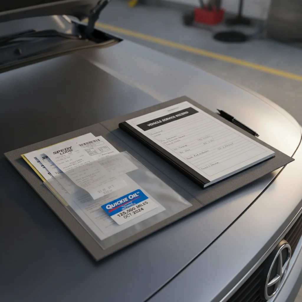 Vehicle service records, receipts, and maintenance logbook organized on a car hood