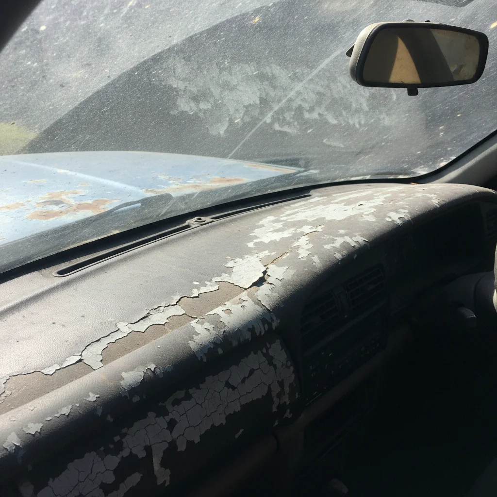 Sun-damaged car dashboard with cracked leather and faded plastic from UV exposure