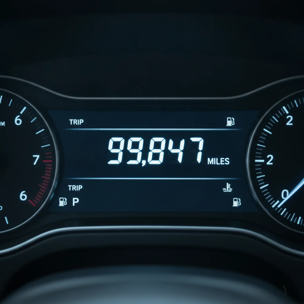 Car odometer reading just below 100,000 miles shown on digital dashboard display