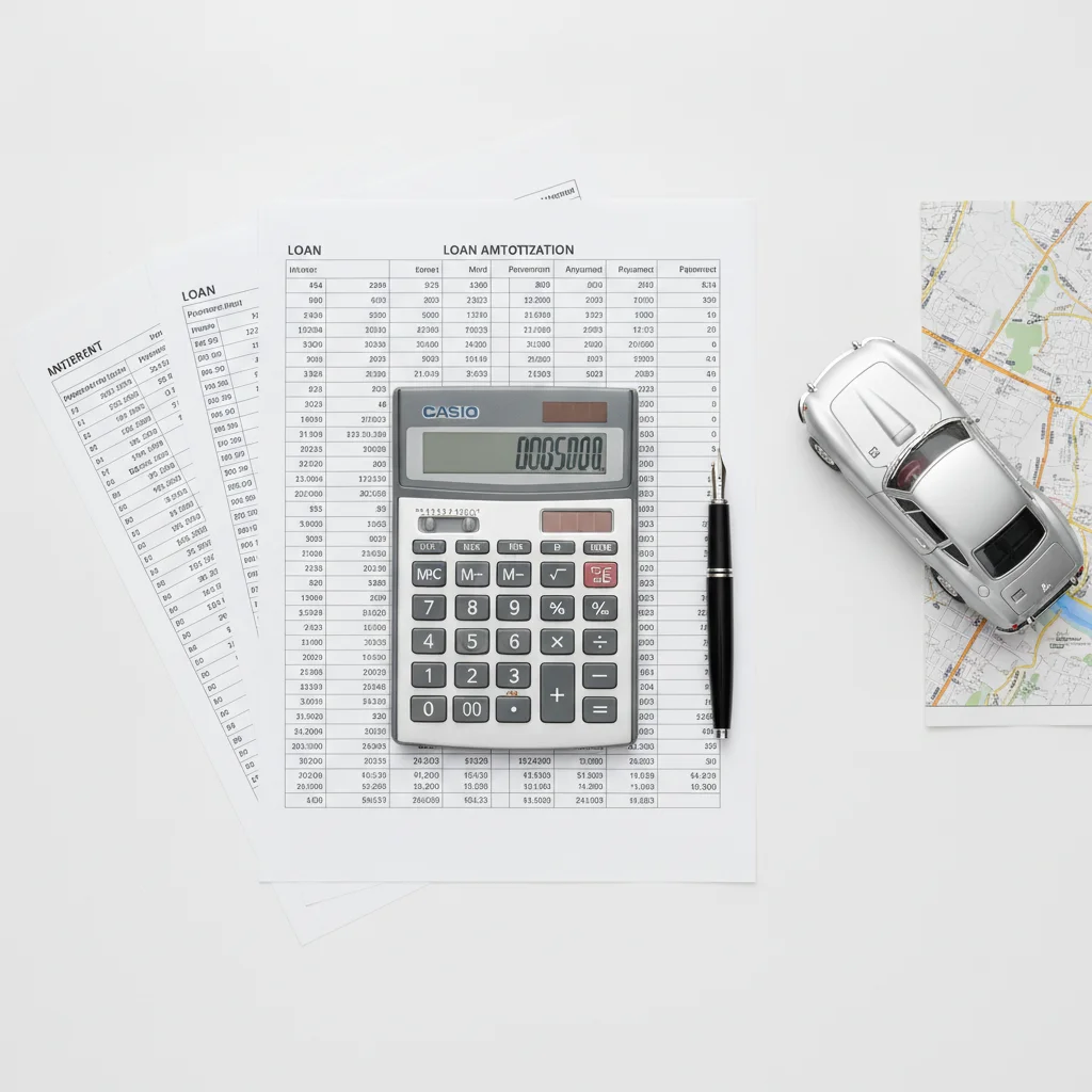 Overhead view of financial planning workspace with calculator, loan tables, pen, and model car