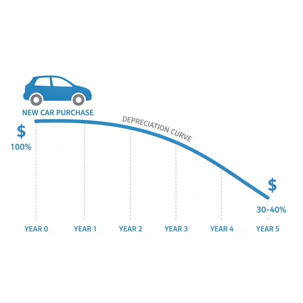 Illustration of a car with a downward depreciation curve showing value loss over five years