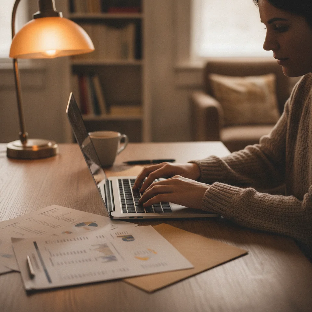 Person reviewing savings statements and typing on a laptop while planning a car purchase