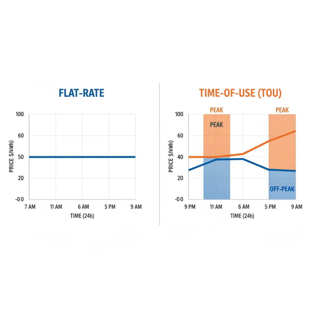 Comparison chart showing flat-rate electricity pricing versus time-of-use pricing with peak and off-peak bands
