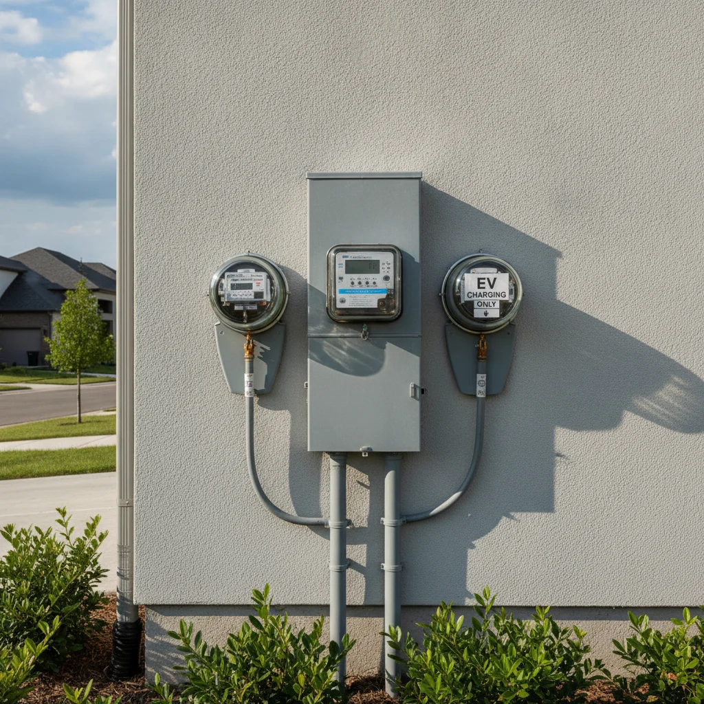 Dual residential electricity meters on a suburban home exterior, one dedicated to EV charging