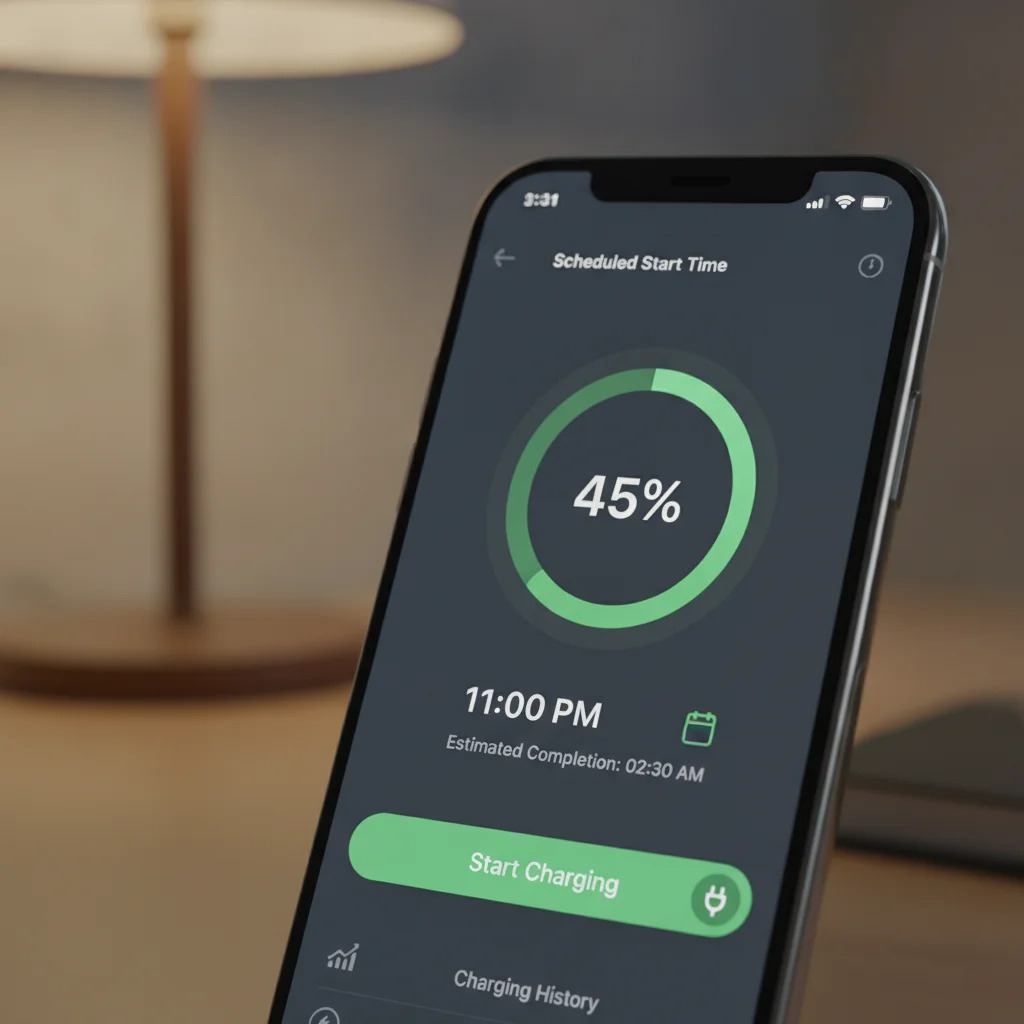 Smartphone screen displaying EV charging app with scheduled start time set for off-peak hours